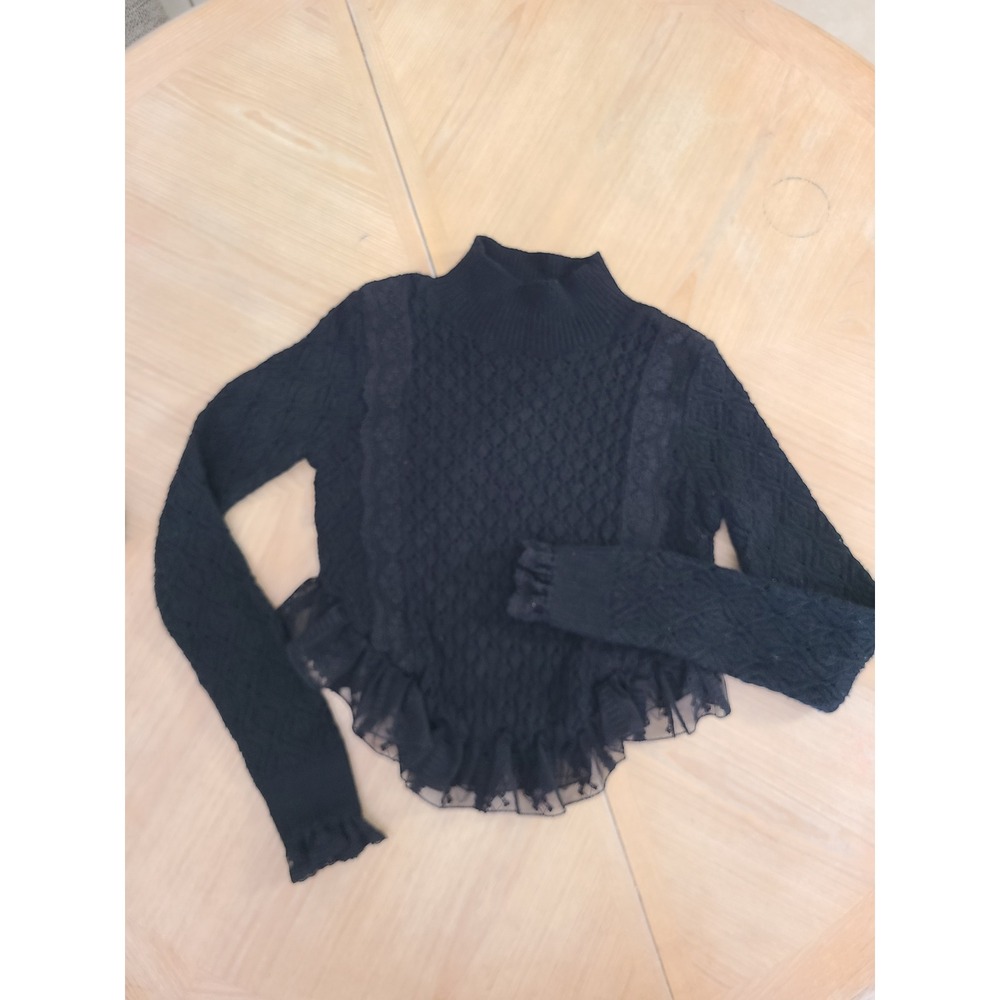 Zara Sweater Womens Medium Black Ruffle Lace Trim Mock Neck Cable Knit